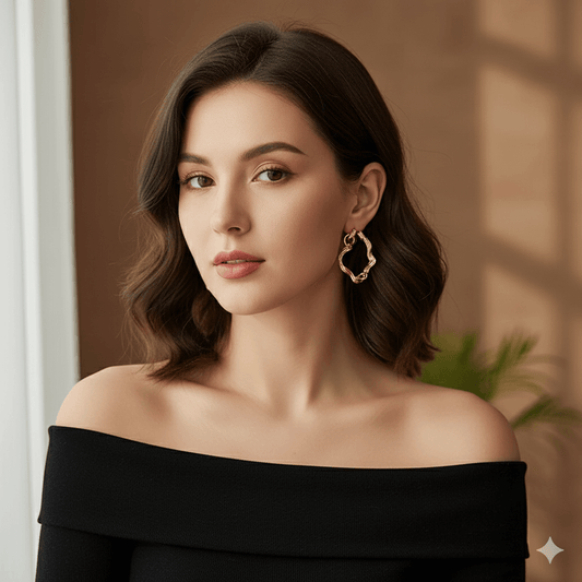 Elegant Earrings – Geometric Flower Design, Polished Finish worn by a model in an elegant setting.