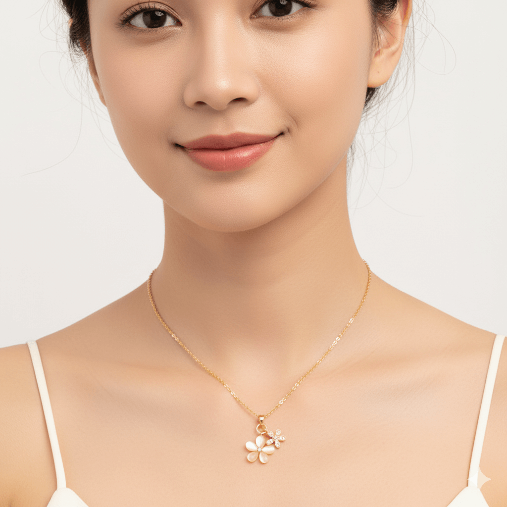 Romantic Gold Necklace – 18K Gold Plated Heart Pendant for Women worn by a woman, showcasing a floral design.