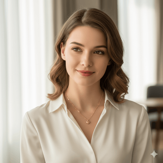 Luxury Gold-plated heart pendant necklace worn by a woman in a white blouse, showcasing elegant jewelry style.