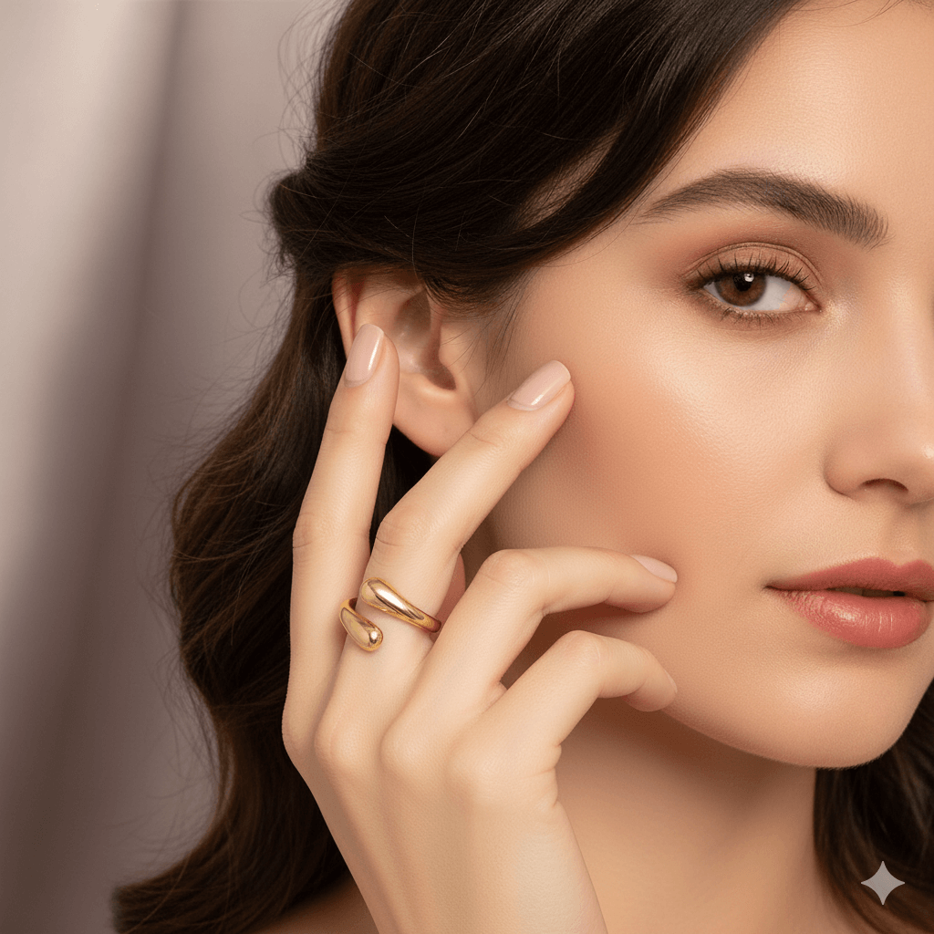 Close-up of gold geometric open ring showing hollow geometric design
