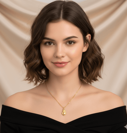 18K gold plated heart pendant necklace worn by a model, showcasing its elegance and style.