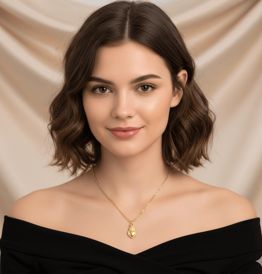 18K gold plated heart pendant necklace worn by a model, showcasing its elegance and style.