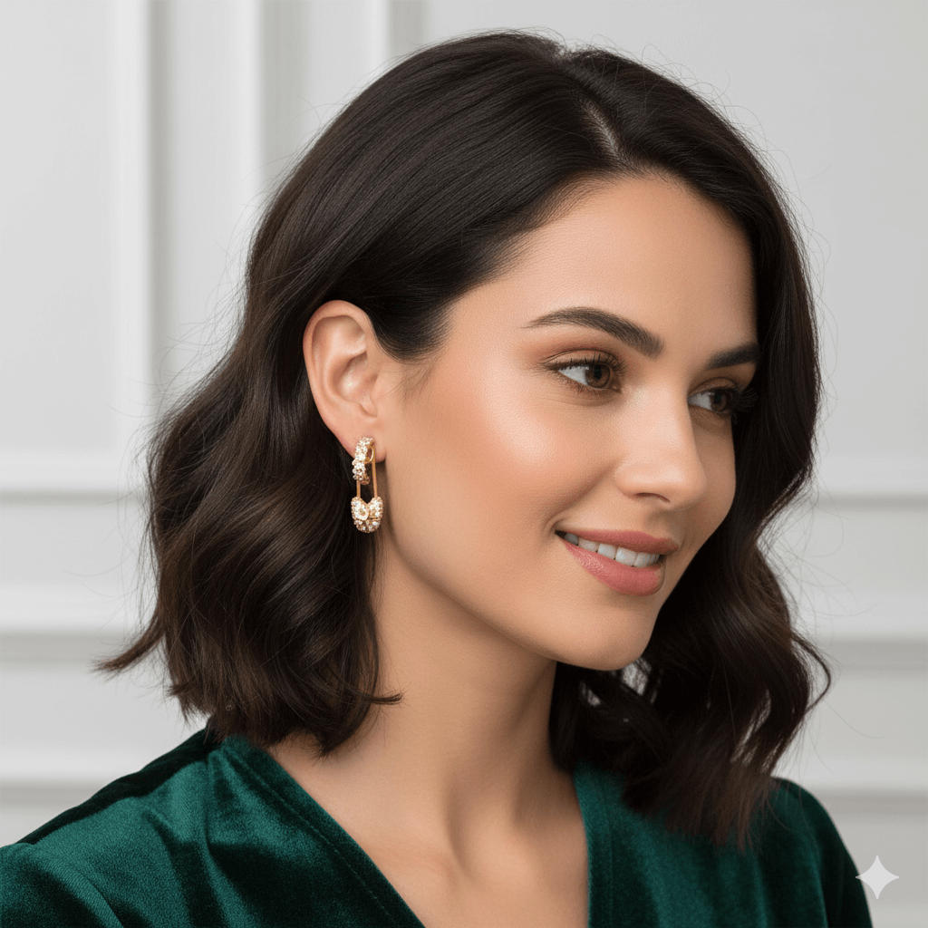 Geometric hairpin stud earrings in 18K gold worn by a woman with a chic hairstyle, showcasing modern style.