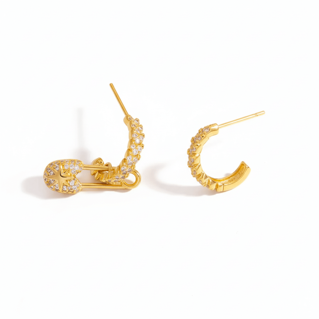 Geometric hairpin stud earrings featuring 18K gold, diamond accents, and a unique paper clip design.