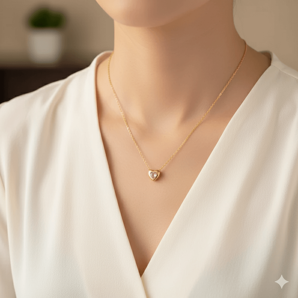 18K gold plated heart pendant necklace showcased on a woman's neck, featuring a delicate heart-shaped pendant.