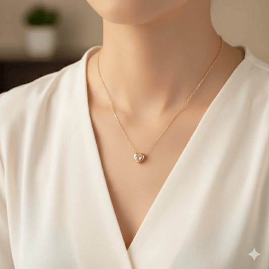 18K gold plated heart pendant necklace showcased on a woman's neck, featuring a delicate heart-shaped pendant.