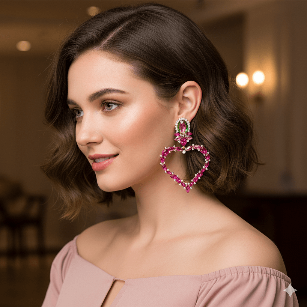 heart-shaped inlay drop earrings golden plating