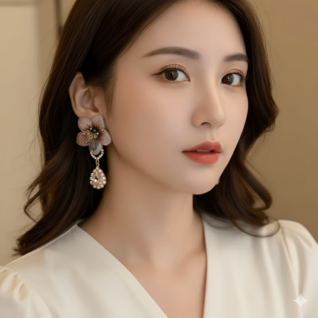 Geometric Bow Knot Earrings – Elegant Pearl & Zircon Design worn by a model, showcasing charm and style.