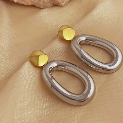 Stainless Steel Drop Earrings – Retro Oval Hollow, 18K Gold Plated