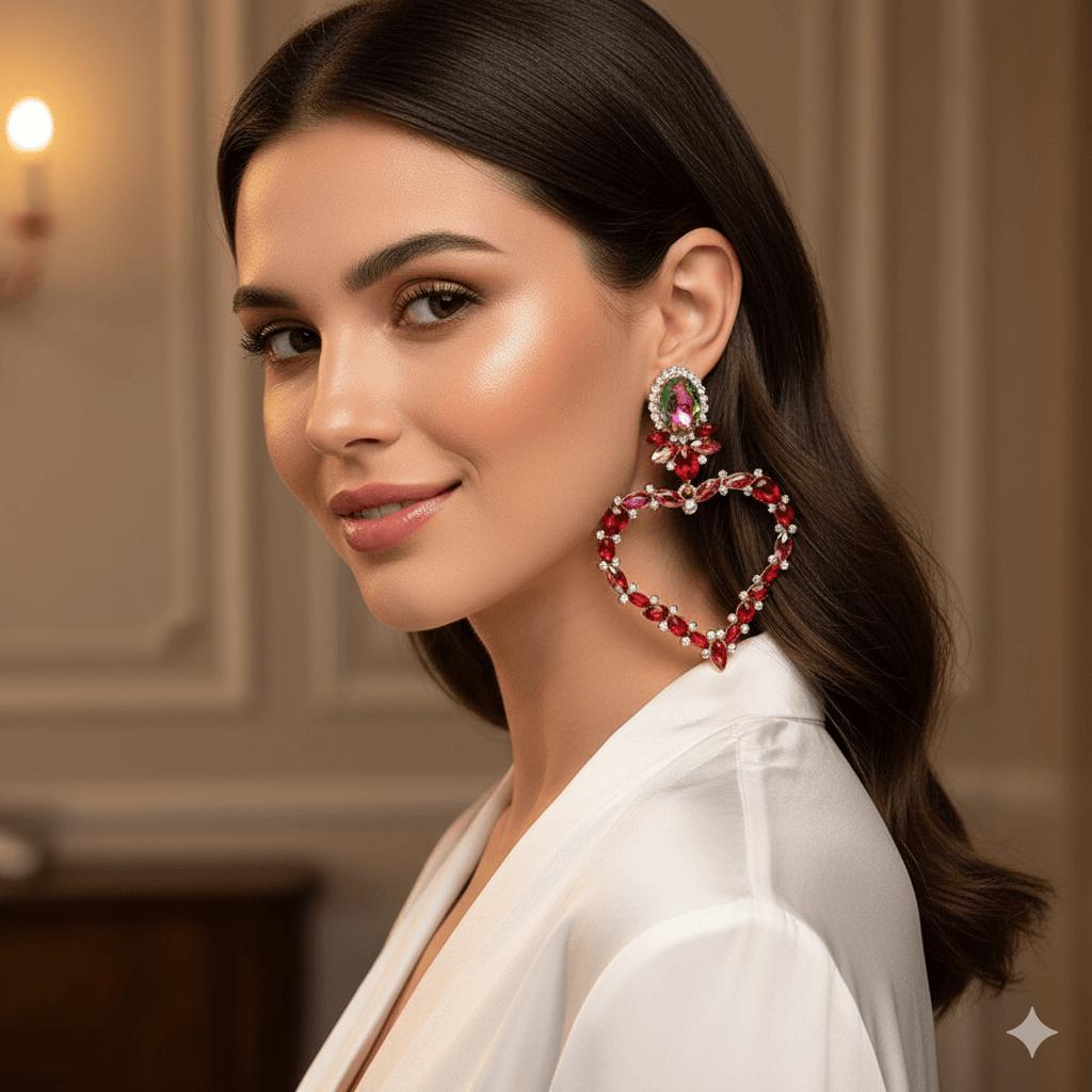 Shiny heart inlay drop earrings worn by a woman, showcasing elegance and sparkle in a soft-lit setting.