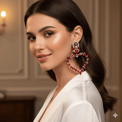 Shiny heart inlay drop earrings worn by a woman, showcasing elegance and sparkle in a soft-lit setting.