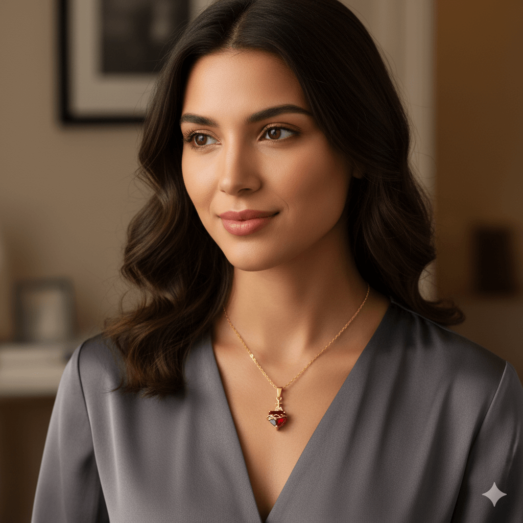 Gold plated heart pendant necklace worn by a woman in a stylish outfit, showcasing elegance and charm.