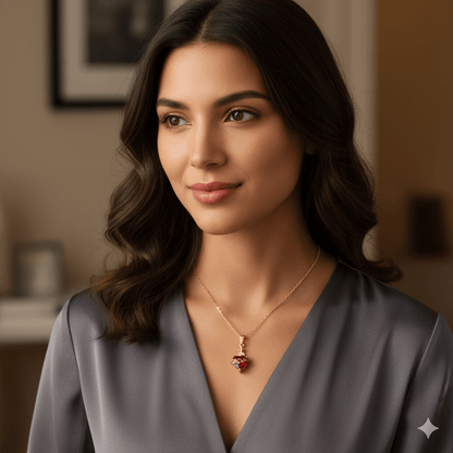 Gold plated heart pendant necklace worn by a woman in a stylish outfit, showcasing elegance and charm.
