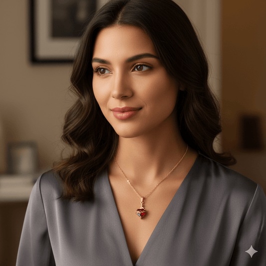 Gold plated heart pendant necklace worn by a woman in a stylish outfit, showcasing elegance and charm.