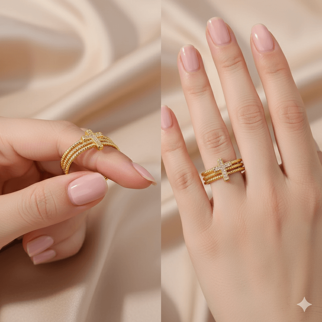 Elegant 18K Gold-Plated Cross Open Ring on hand