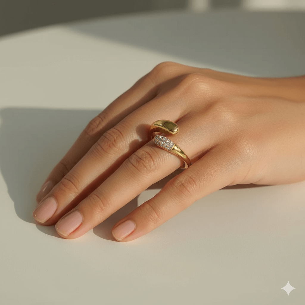 Heart-Shaped Open Ring – Streetwear Titanium Steel Zircon displayed on a woman's hand with a golden finish and zircon inlay.