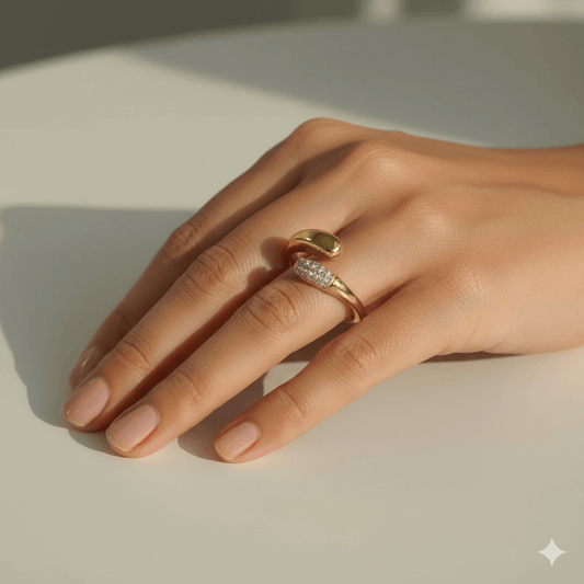 Heart-Shaped Open Ring – Streetwear Titanium Steel Zircon displayed on a woman's hand with a golden finish and zircon inlay.