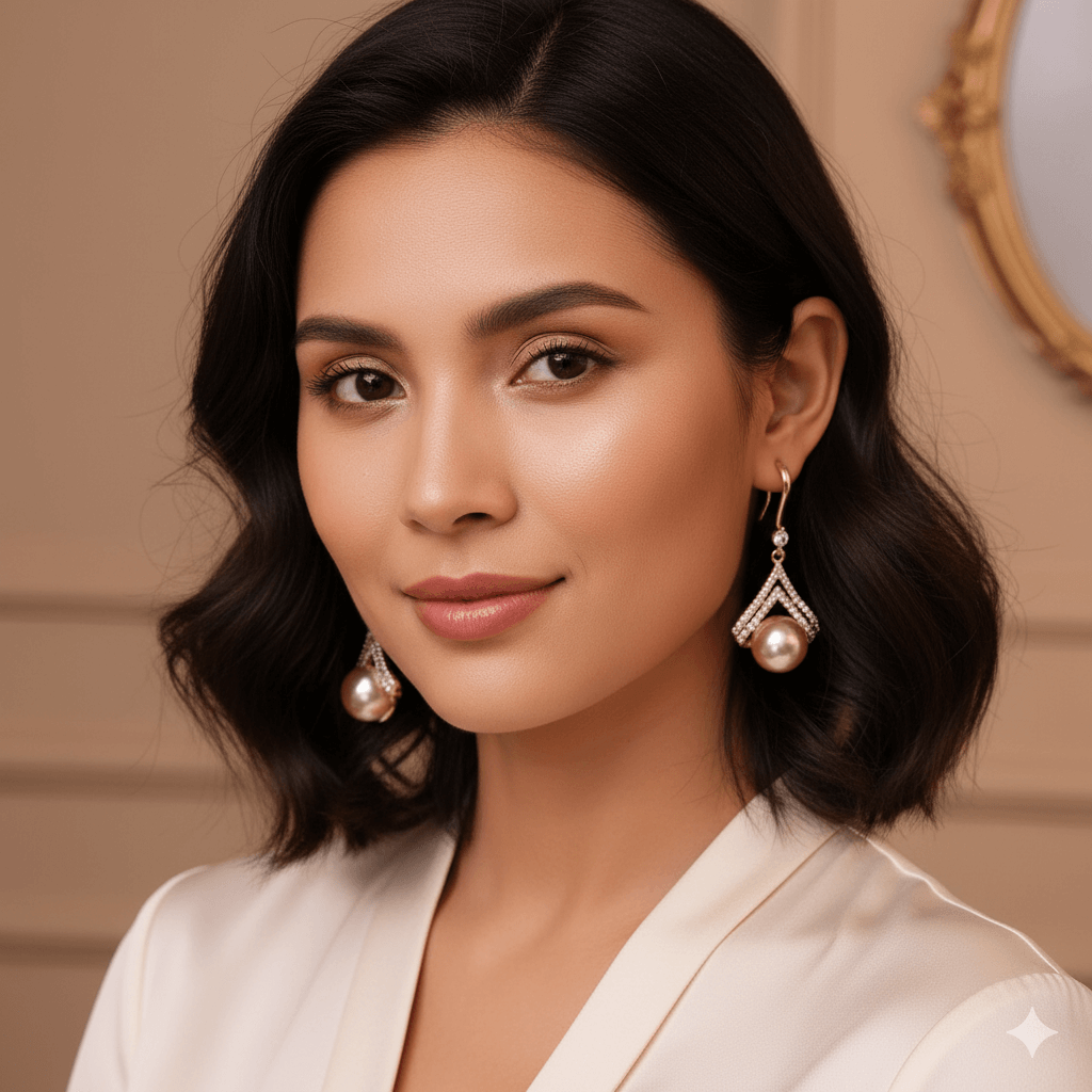 Fashion Earrings for Women – Heart Flower Pearl Rhinestone worn by a woman showcasing elegant design and style.