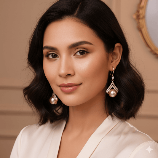 Fashion Earrings for Women – Heart Flower Pearl Rhinestone worn by a woman showcasing elegant design and style.