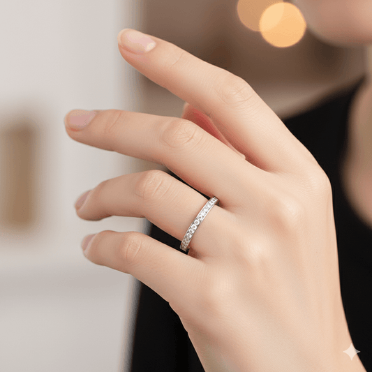 Woman wearing a stainless steel zircon inlay ring, showcasing elegant jewelry for women.