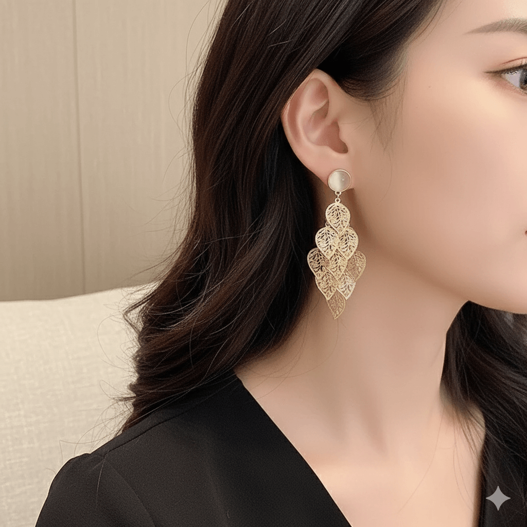 Gold Opal Leaf Tassel Earrings – Worn on Ear