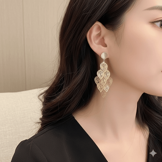 Gold Opal Leaf Tassel Earrings – Worn on Ear