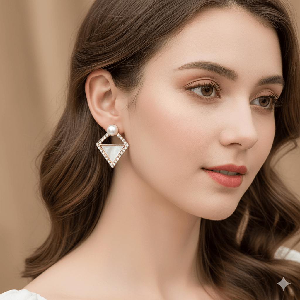 Square heart bow knot earrings with pearls and rhinestones