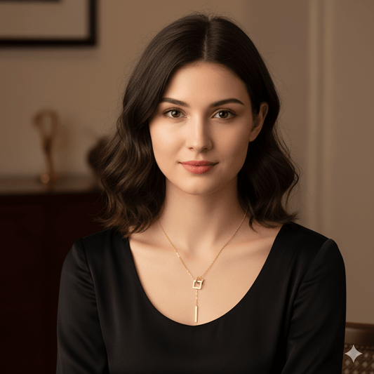 U-shape Heart Pendant Necklace – 18K Gold Plated worn by a woman with wavy hair in a black top.