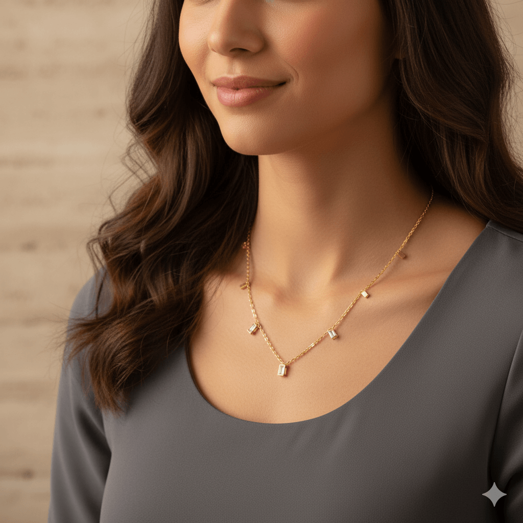 18K gold plated pendant necklace worn by a woman, featuring acrylic and rhinestone inlays, showcasing elegance.