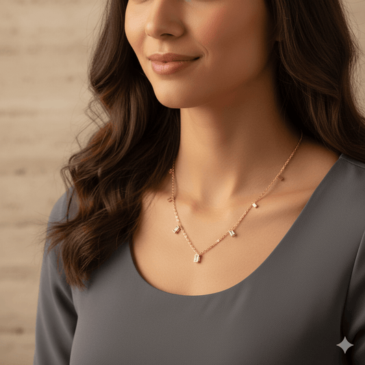 18K gold plated pendant necklace worn by a woman, featuring acrylic and rhinestone inlays, showcasing elegance.