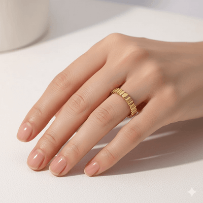 18K gold plated geometric open ring worn on a hand showcasing modern minimalistic jewelry design.