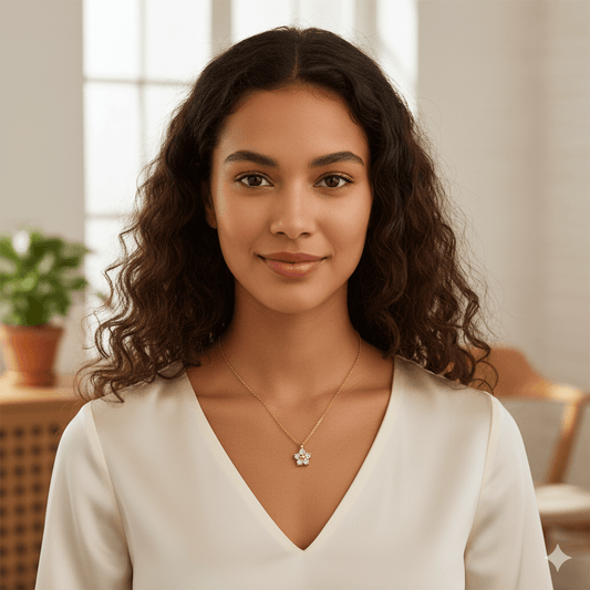 18K gold-plated flower pendant necklace worn by a woman in a light blouse, showcasing elegance in everyday style.