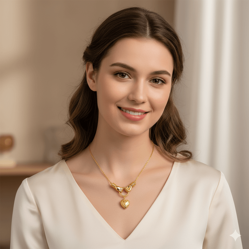 Gold Plated Heart Pendant Necklace worn by a smiling woman, showcasing its elegant design and timeless charm.