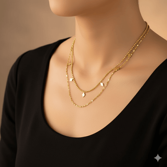 18K Gold Plated Pendant Necklace worn by a model, showcasing its elegant design and layered style.