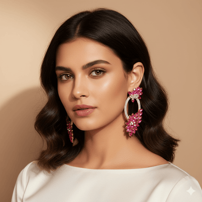 Wreath petal drop earrings worn by a model featuring elegant floral design in pink and silver.