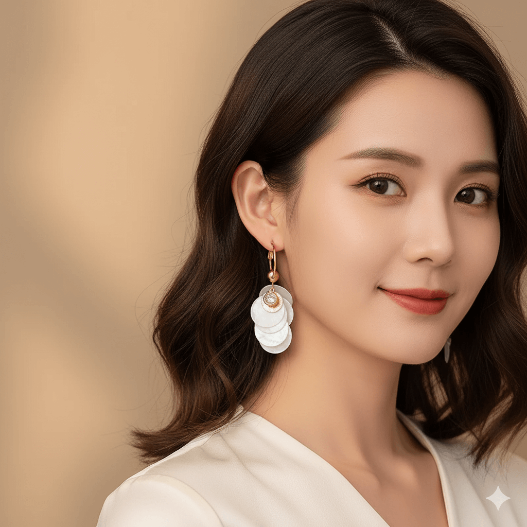 A woman wearing shell tassel earrings showcasing a lightweight and chic design, perfect for various occasions.