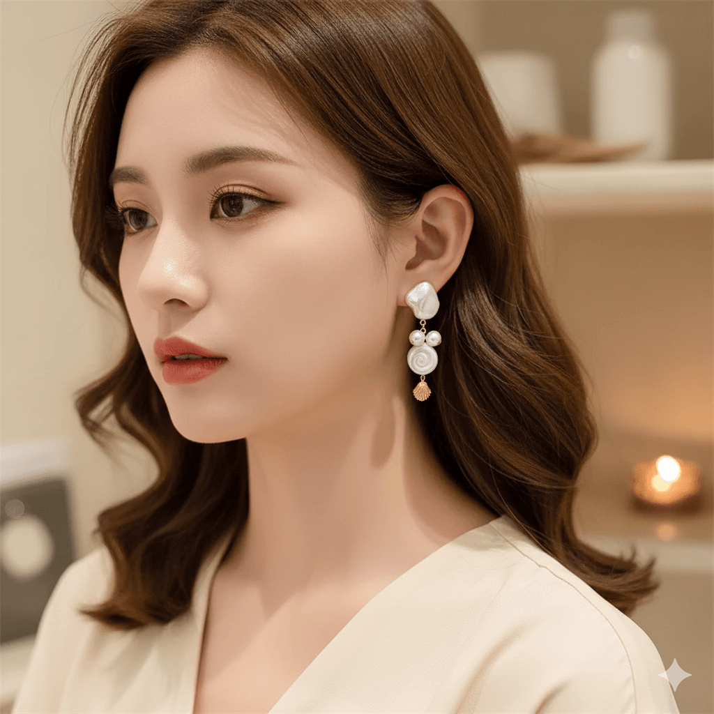 Close-up of a woman wearing summer shell tassel earrings with a chic, elegant design.