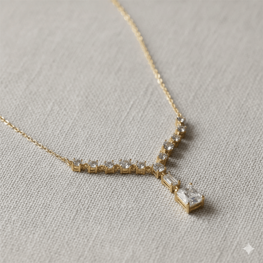 IG Style Necklace – Geometric Zircon Inlay, 18K Gold Plated displayed on a neutral background.