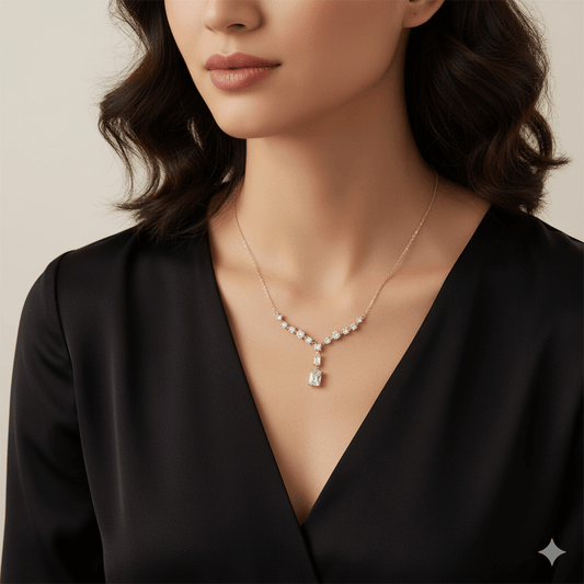 IG Style Necklace – Geometric Zircon Inlay, 18K Gold Plated worn by a model in elegant black top.