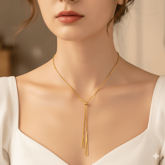 18K gold plated pendant necklace worn by a woman, showcasing elegance and a stylish design.